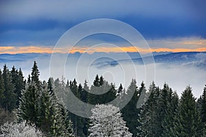 220 km distant peaks of the Alp, Cloudes and trees, winter landscape in Å umava in Å½eleznÃ¡ Ruda, Czech republic